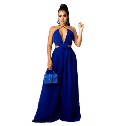 Women Solid Color Casual Loose Chiffon Jumpsuit