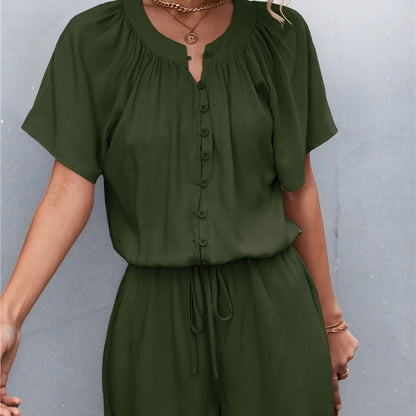 Women Solid Color Pleated Tie Button Casual Rompers