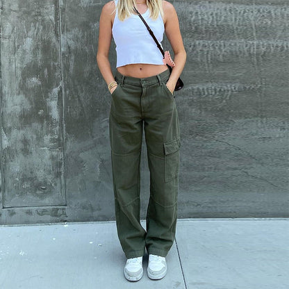 Pantalones vaqueros cargo de mezclilla de color sólido con cintura alta y bolsillos casuales para mujer