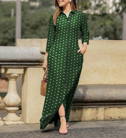 Women Casual Polka Dot Long Sleeve Lapel Collar Button Long Dress