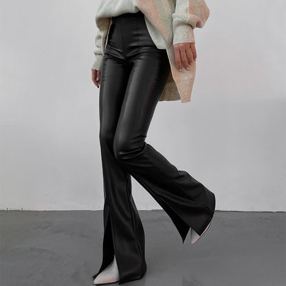 Women Solid Color High Waist PU Leather Casual Flared Pants