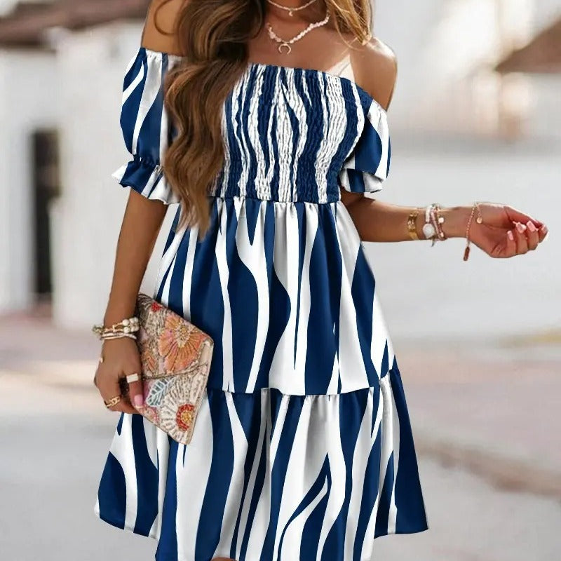 Vestido informal de manga corta con volantes y hombros descubiertos para mujer, estilo arcoíris