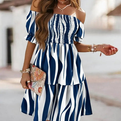 Vestido informal de manga corta con volantes y hombros descubiertos para mujer, estilo arcoíris