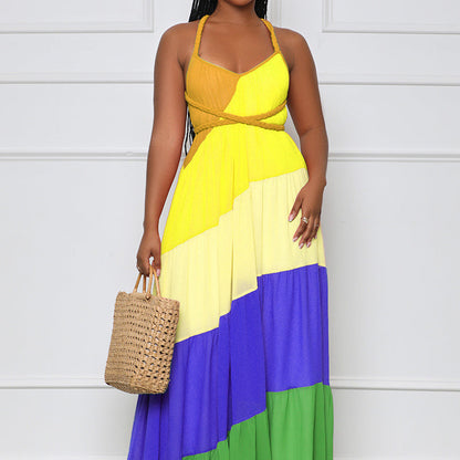 Summer Women Casual Color Blocking Bandage Backless Ruffled Chiffon Dress
