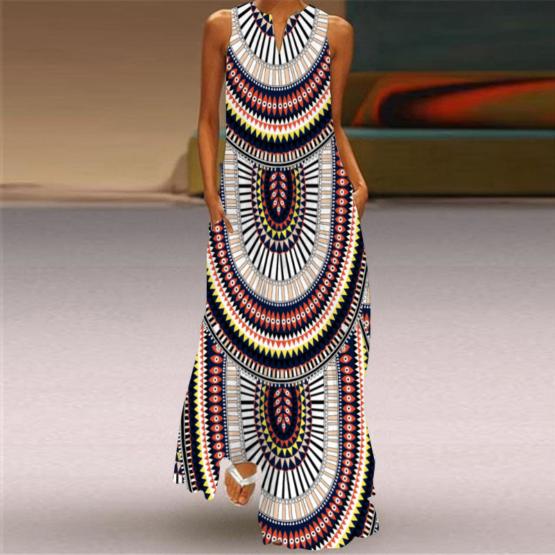Vestido largo holgado informal de verano con escote en V y sin mangas con estampado para mujer
