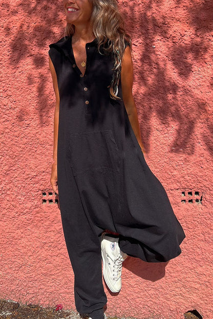 Women'S Fashion Solid Color Casual Hooded Single-Breasted Loose Jumpsuits
