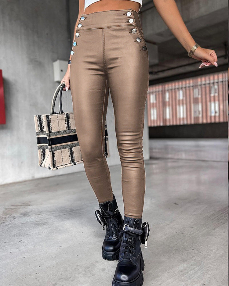 Women Solid Color High Waist PU Leather Button Slim Fit Casual Pants