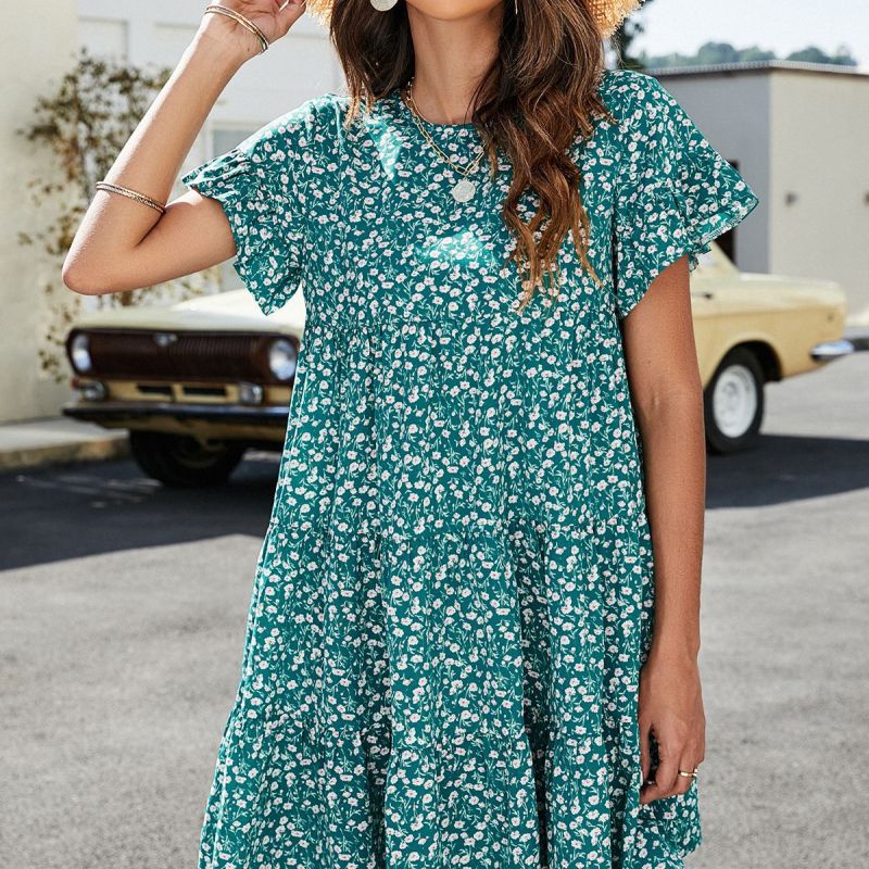 Vestido holgado informal de manga corta con volantes y cuello redondo con estampado de leopardo para vacaciones de verano para mujer