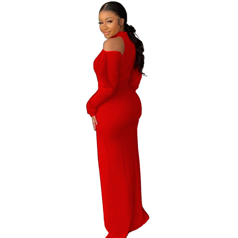 Women Fashion Casual Sexy Solid Color Cool-Shoulder Slit Invisible Zipper Maxi Dress Long Skirt With Belt