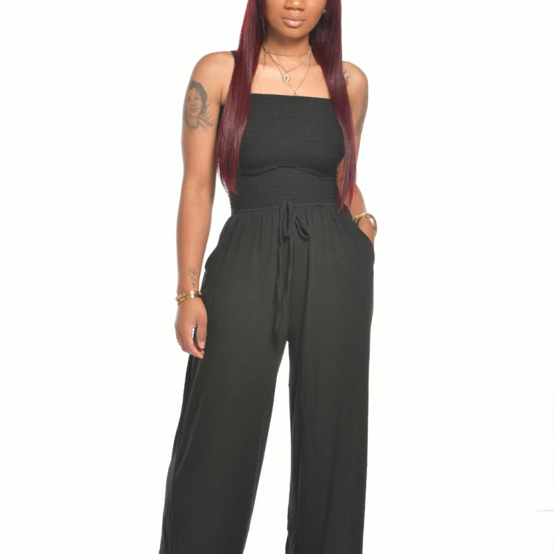 Women Casual Flat Shoulder Wrap Chest Wide Leg Jumpsuit