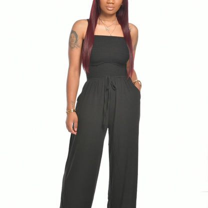 Women Casual Flat Shoulder Wrap Chest Wide Leg Jumpsuit