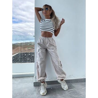 Summer Women Casual Multi-Pocket Solid Color Middle-Waisted Straight Jogger Pants