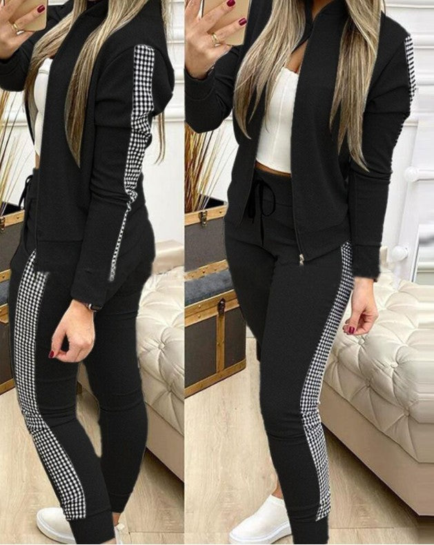 Women Long-Sleeved Top And Pants Leisure Stitching Plaid Casual Suit