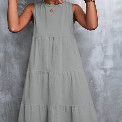 Women Spring And Summer Casual Basic Round Neck Loose Big Swing Dress