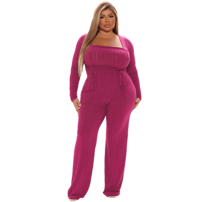 Plus Size Women Solid Color Drawstring Square Collar Two-Piece Casual Suit