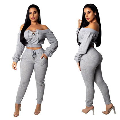 Conjunto de dos piezas para mujer, de color liso, manga larga, hombros descubiertos, con cordones y pantalones casuales, a la moda.