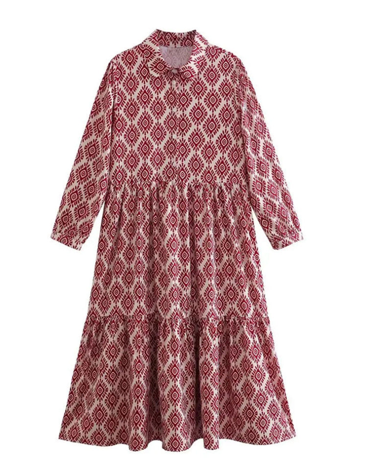 Women'S Fashion Boho Casual Geometric Pattern Printing Long Sleeve Lapel Single-Breasted Loose Dress