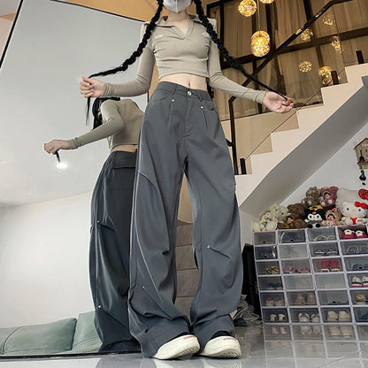 Pantalones cargo rectos informales de pierna ancha y cintura alta para mujer, moda urbana