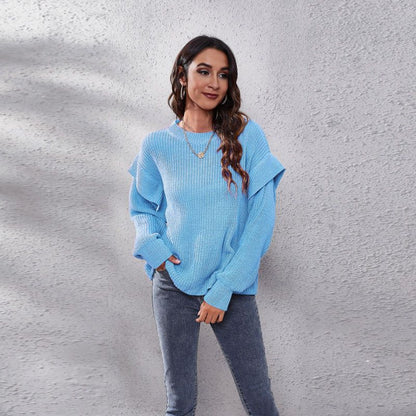 Women Casual Solid Color Round Neck Long-sleeved Loose Knitted Sweater