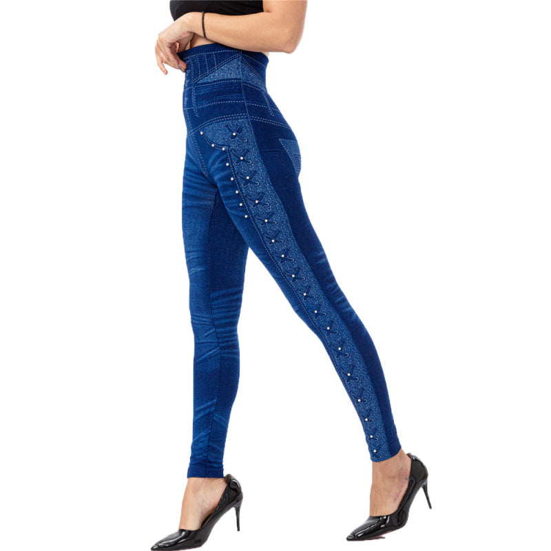 Women High Waist Slim Stud Casual Pants