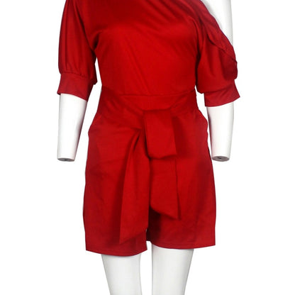 Women Casual Elegant Off-Shoulder Button Down Solid Color Short Sleeve Rompers