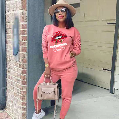 Conjunto deportivo de dos piezas para mujer, moda deportiva, sudadera de manga larga con estampado de labios y letras, pantalones casuales