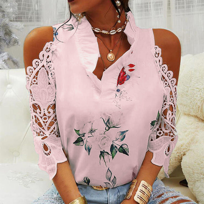 Blusa informal de verano para mujer, con estampado floral, hombros descubiertos, encaje y patchwork, de manga larga