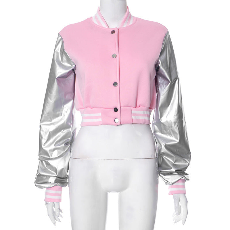 Abrigo de béisbol informal de color liso con cierre a presión y manga larga con costuras de PU para mujer