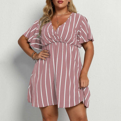 Women Plus Size Stripe V-Neck Short-Sleeved Casual V Neck Dress