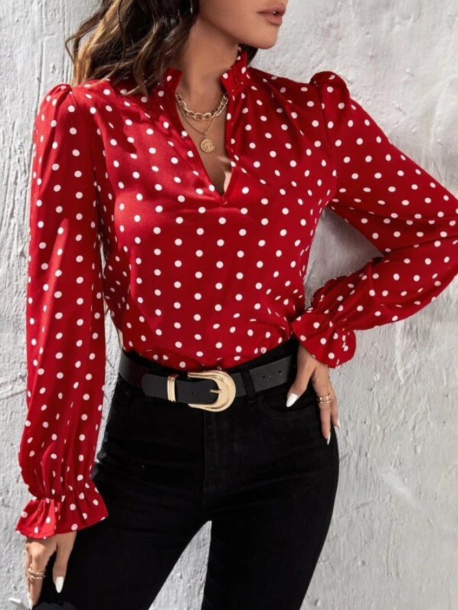 Women Casual Long Sleeve Polka Dot Slim Long-Sleeved Chiffon Shirt Blouse