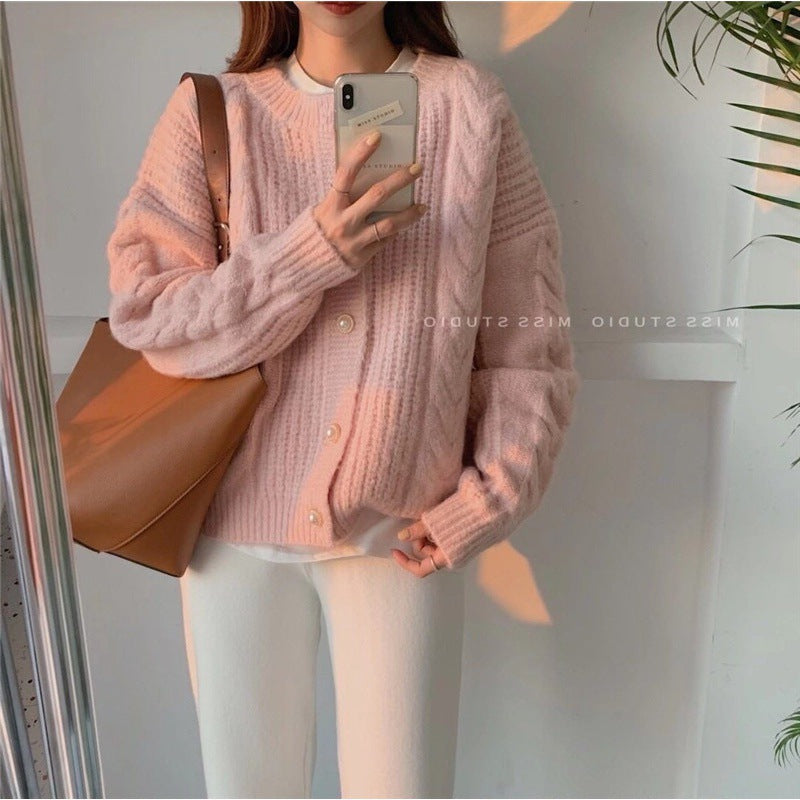 Suéter tipo cárdigan liso de manga larga con cuello redondo y tejido trenzado para mujer, informal, de invierno