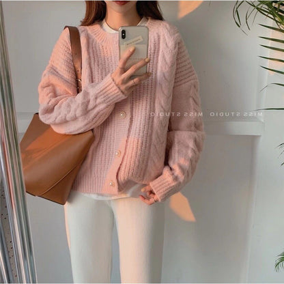 Suéter tipo cárdigan liso de manga larga con cuello redondo y tejido trenzado para mujer, informal, de invierno