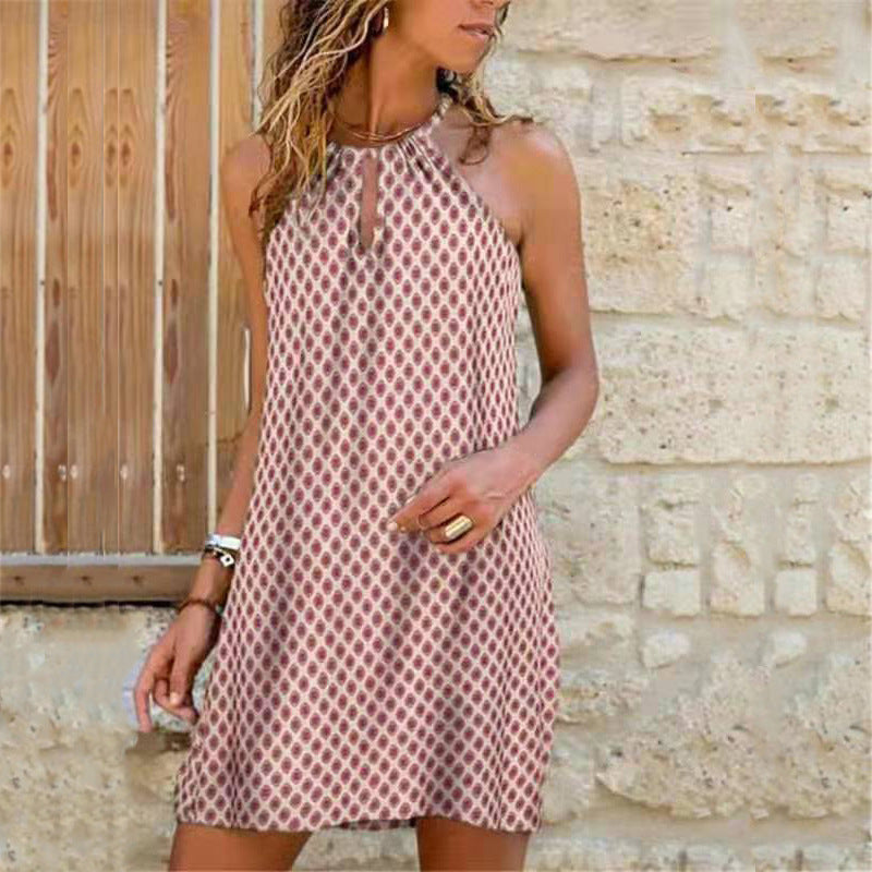 Vestido informal bohemio con cuello halter y estampado floral para mujer, talla grande