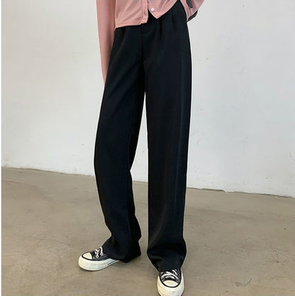 Women Fashion High Waist Casual Solid Color Straight Leg Pants