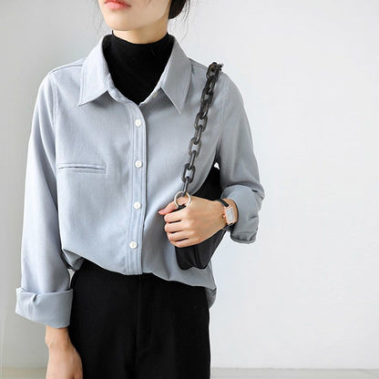 Women Fashion Casual Winter Long Sleeve Solid Thickened Corduroy Shirt Office Blouse
