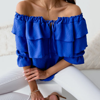 Blusa holgada informal elegante de gasa con hombros descubiertos y volantes para mujer