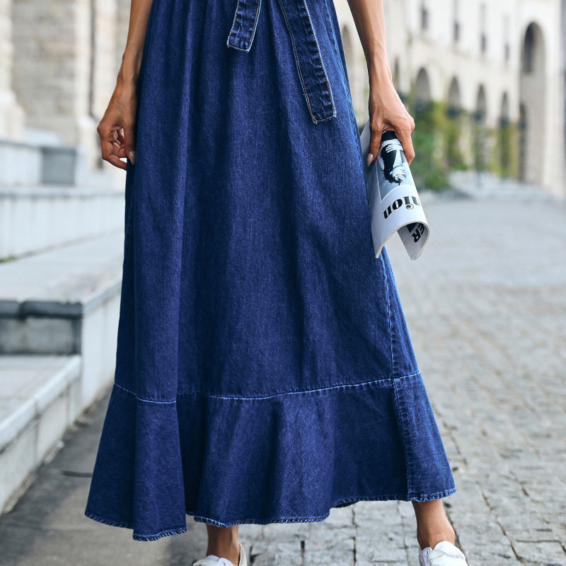 Women Fashion Casual Ruffled Pleated Denim Skirt