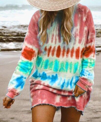Women Fashion Casual Tie-Dye Printed Loose Long Sleeve Dress