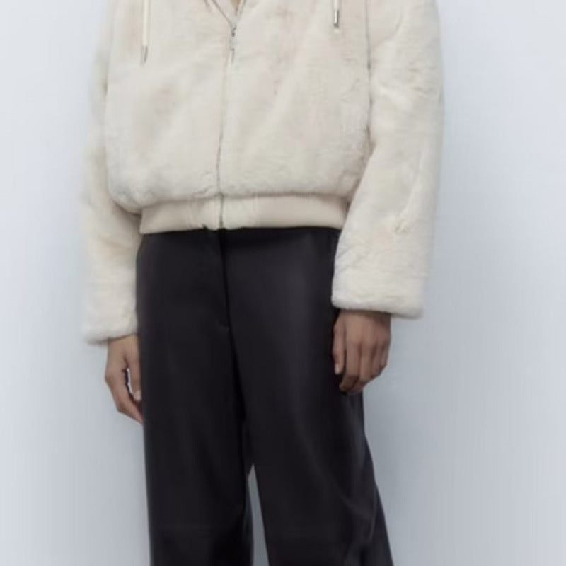Chaqueta de felpa de color liso con capucha de piel sintética informal de invierno para mujer