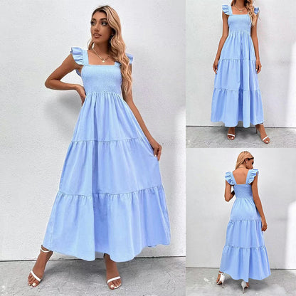 Women Fashion Casual High Waist Backless Sling Cake Maxi Dress