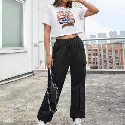 Women Solid Color Elastic High Waist Loose Casual Sports Pants