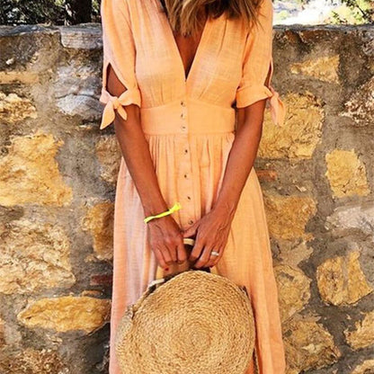 Women Casual Boho Short-Sleeved Defined Waist Multi-Button Midi Dress