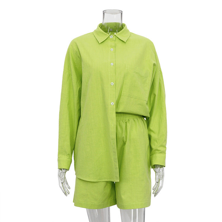 Traje informal holgado de dos piezas para mujer, de color liso, con camisa de solapa de manga larga y pantalones cortos, con botonadura sencilla