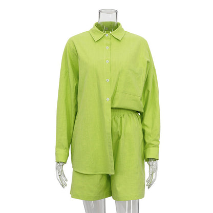 Traje informal holgado de dos piezas para mujer, de color liso, con camisa de solapa de manga larga y pantalones cortos, con botonadura sencilla