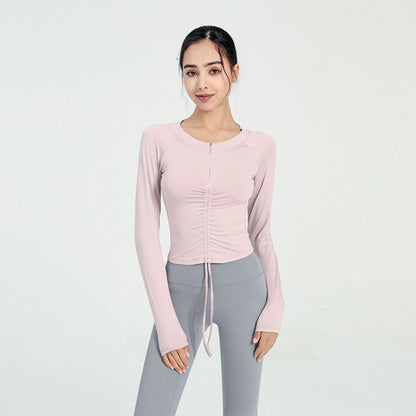 Women Casual Loose Solid Color Round Neck Long Sleeve Drawstring Sports Top