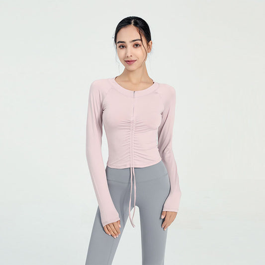 Women Casual Loose Solid Color Round Neck Long Sleeve Drawstring Sports Top