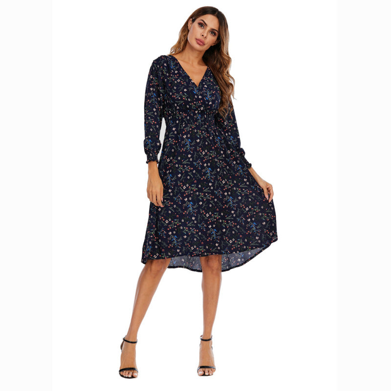 Vestido midi informal de gasa con estampado floral, escote en V y manga larga para mujer