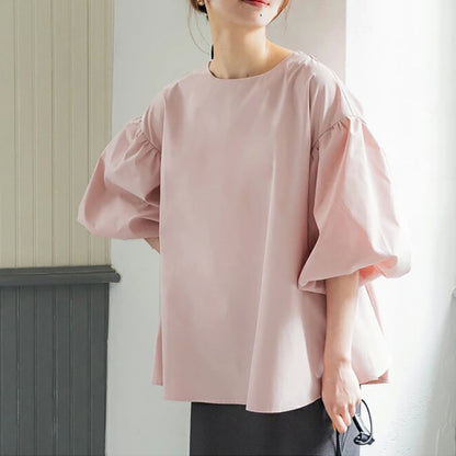 Blusa informal holgada con mangas abullonadas, cuello redondo, color liso, elegante para oficina para mujer