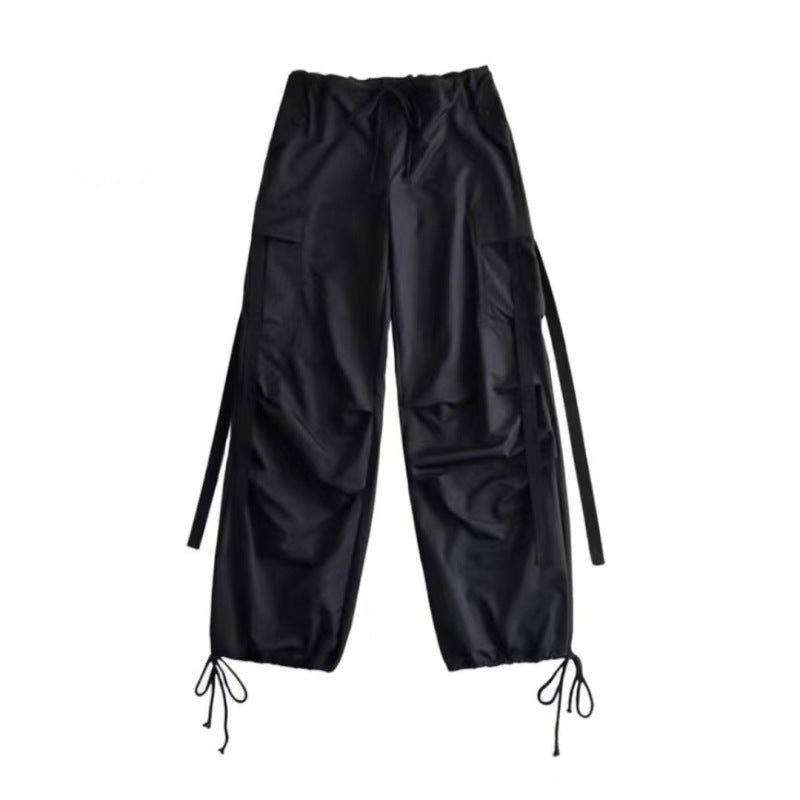 Women Casual Solid Color Loose Drawstring Foot Strap Cargo Pants