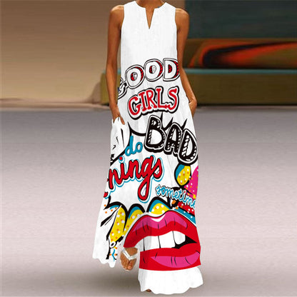 Summer Women Casual Bohemian Sleeveless Maxi V-Neck Vintage Character Print Dress
